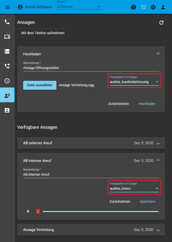 **Ansagen im UCware UCC-Client**\\ Der Benutzer kann eigene Ansagen für andere freigeben.